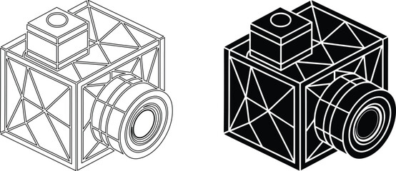 Satellites and spacecraft icons in isometric view, outline and silhouette representations of technology and space exploration. © kajallata