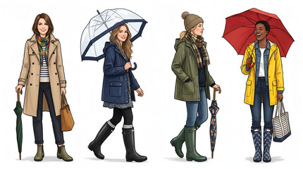 Fototapeta premium Rainy Day Fashion Illustration Collection With Four Women