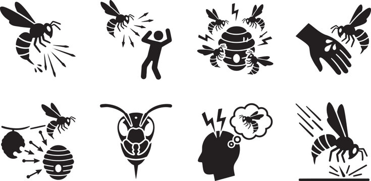 Dangerous bee hornet sting warning symbols and hive attack signs