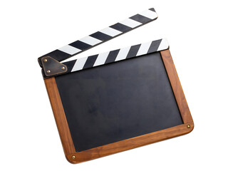Fototapeta premium Black movie clapperboard with wooden frame tilted on transparent background.