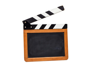 Fototapeta premium Film clapperboard with wooden frame and black slate on transparent background.