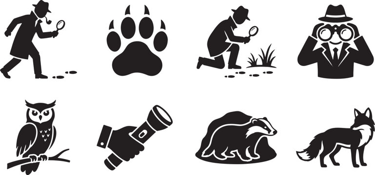 Detective character tracking animal footprints with magnifying glass and flashlight