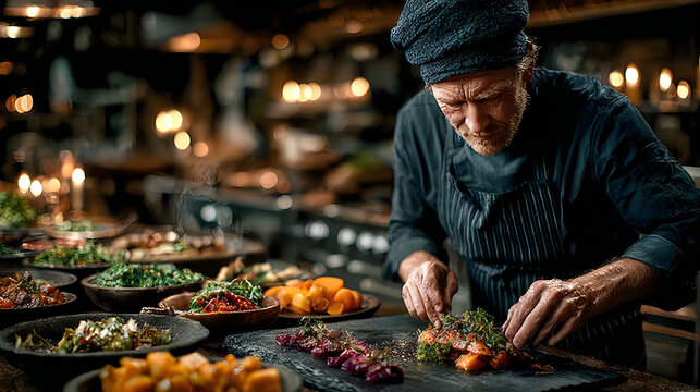 Fine dining chef preparing luxurious cuisine masterpiece with artistic presentation wallpapers