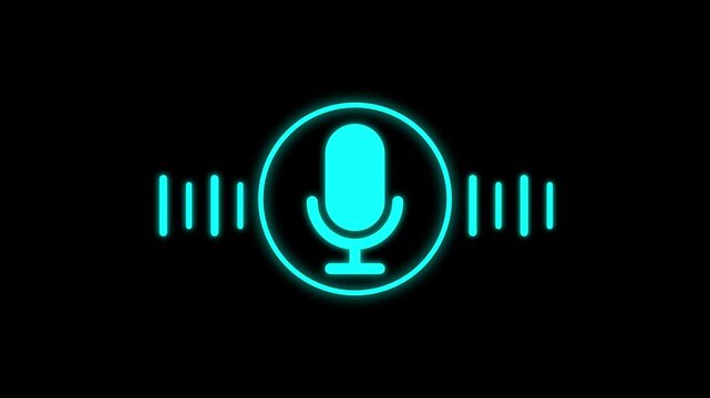 voice recording and podcast mic microphone button icon animation video. cyan color audio microphone icon animation on black background.