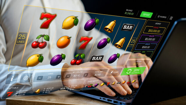 Online casino slot machine game on laptop, internet gambling concept, fruit slots with 777 jackpot, online slots gaming app, casino bonus and spin interface