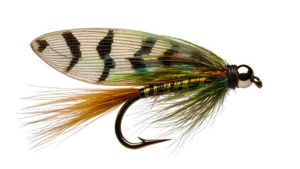 Detailed fishing fly lure with patterned wings and green feathers, isolated on transparent background © Elena