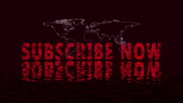Red subscribe now text with world map silhouette on water. Media red subscribe now text for video channel promotion overlays. Marketing red subscribe now text banner.