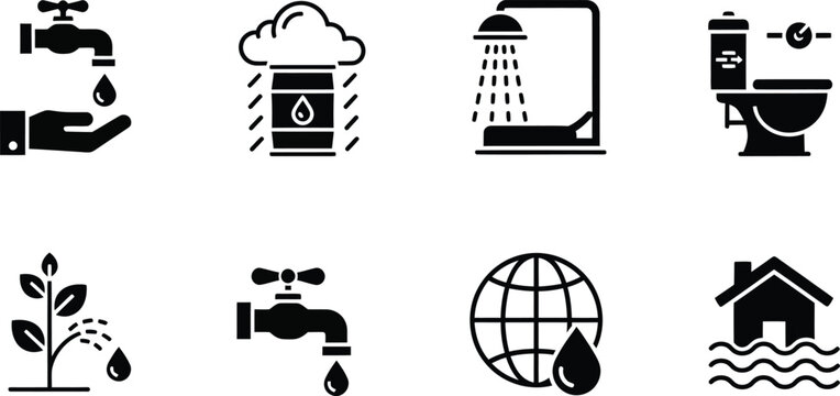 Water Conservation and Sanitation Line Icon Set with Eco and Home Symbols