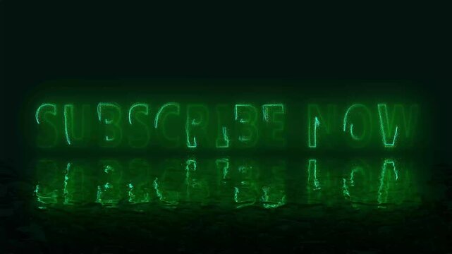 Glowing green subscribe now neon sign on black. Media glowing green subscribe now neon sign for video blogger notifications. Vibrant glowing green subscribe now neon sign.
