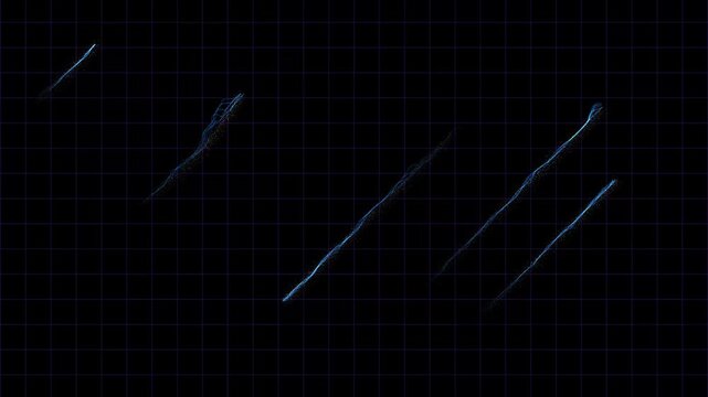 Glowing blue light streaks on dark grid background. Technical glowing blue light streaks for fiber optic communication. Tech glowing blue light streaks data stream.
