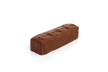 Chocolate bar with milky filling and nuts isolated on white background.