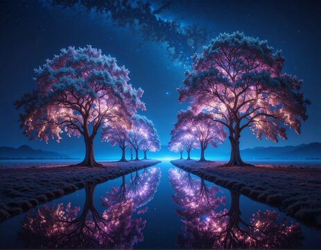 Night landscape with trees reflected in water