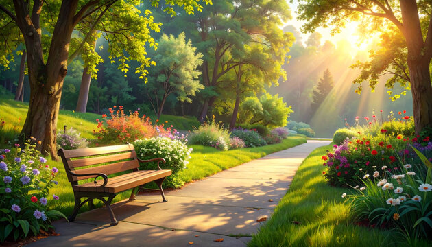 Park bench by pathway in sunny green garden