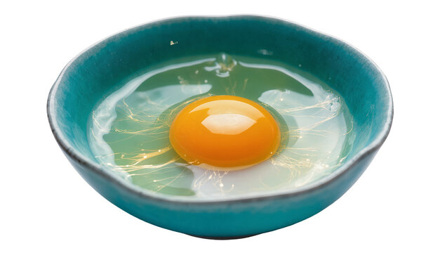 Raw egg yolk and white in a teal ceramic bowl, isolated on transparent background