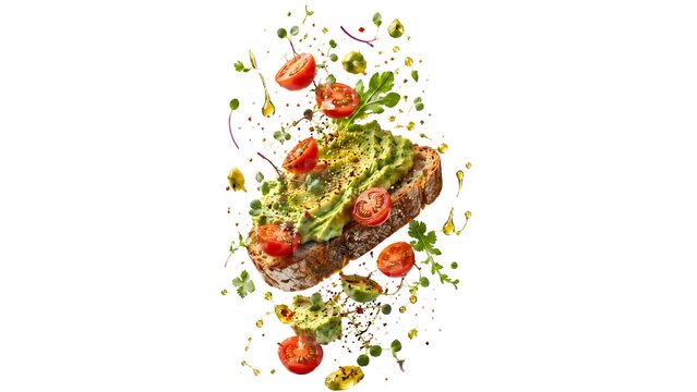 Explosive composition of healthy avocado toast with flying cherry tomatoes arugula and olive oil isolated on white