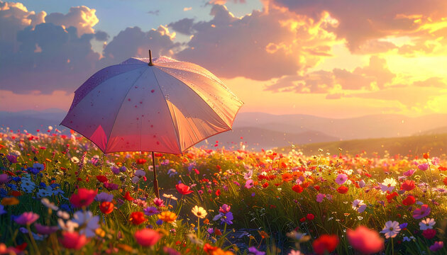 Umbrella over a field of flowers at sunset