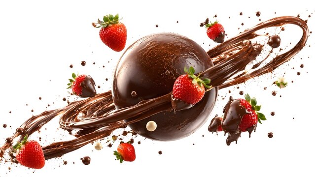 Surreal chocolate sphere planet with orbiting liquid chocolate rings and flying strawberries isolated on white background