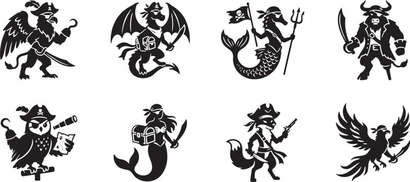 Fantasy animal pirate captains with swords and treasure chests