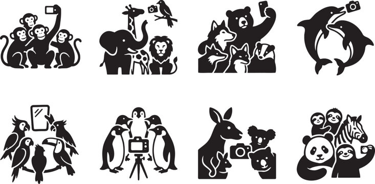 Humorous wild animals taking friendly group photograph selfies