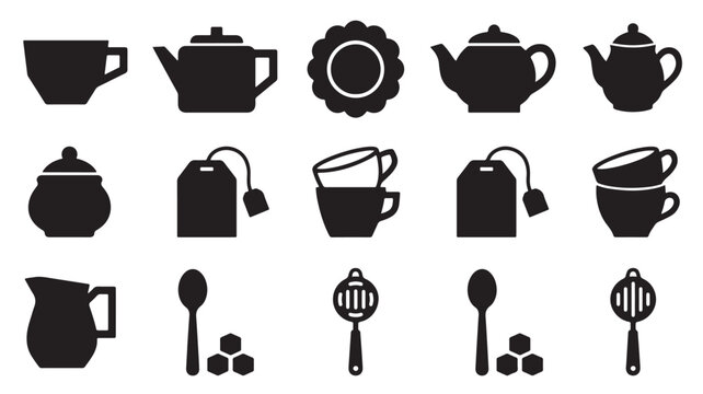 Minimalist tea time icon set, black silhouette teapot and teacup vector collection, 15 beverage service elements for cafe menus and kitchen branding
