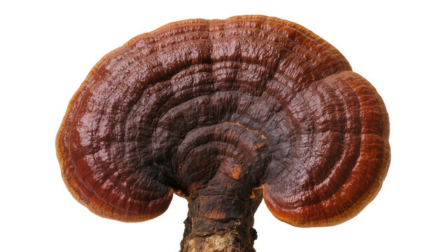 Glossy brown Reishi mushroom with concentric rings, isolated on transparent background