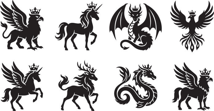 Crowned heraldic beasts and regal mythical monster emblems
