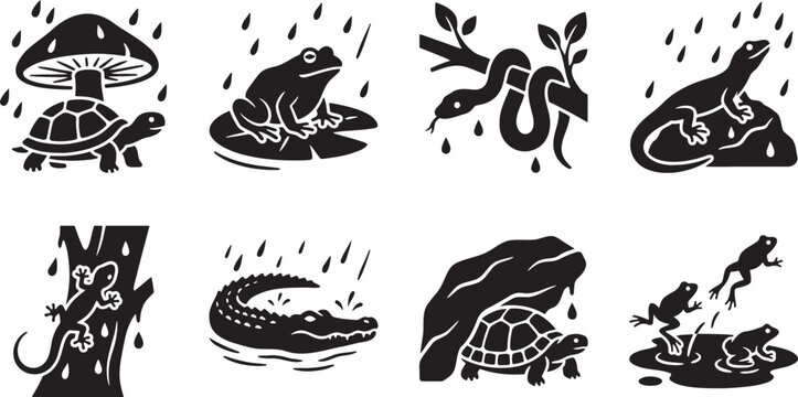 Reptiles and amphibians enduring rainy nature environment