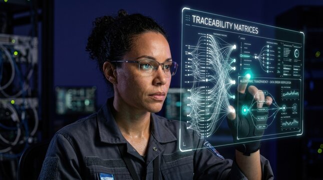 Woman in a technology-driven environment analyzing a holographic display of traceability matrices