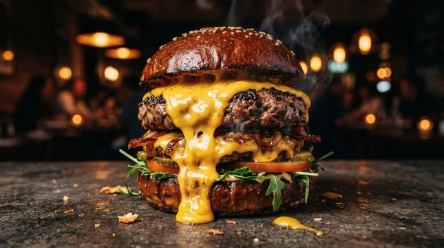 Juicy double beef burger with melting lava cheese sauce in a dark restaurant