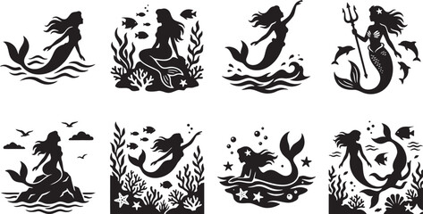 Beautiful mythical mermaids swimming underwater with ocean fish © HM