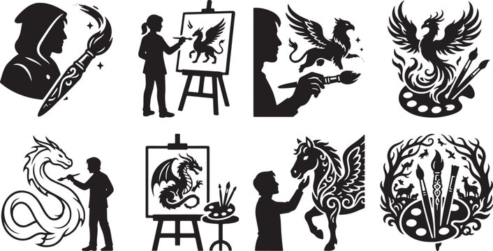 Creative artists painting majestic mythical monsters on canvas