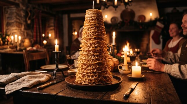 Traditional Swedish spettekaka cake on a wooden table at a candlelit Christmas feast