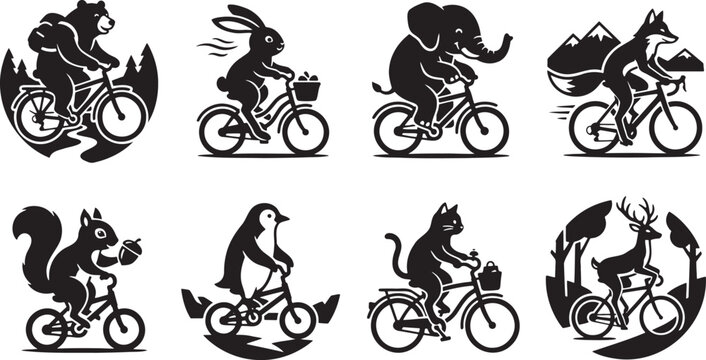 Cute friendly cartoon animals riding bicycles outdoors