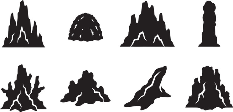 Natural rock formations mountain peaks and deep cave openings