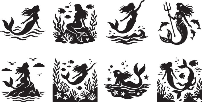 Beautiful mythical mermaids swimming underwater with ocean fish
