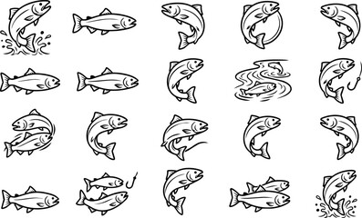 Obraz premium Salmon Fishing Vintage Logo Illustration Collection Set