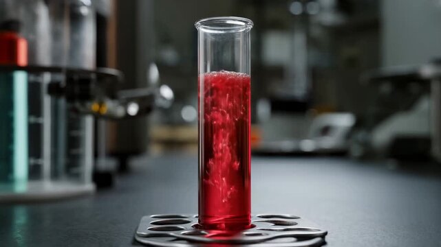Red liquid overflow in laboratory test tube on dark surface in scientific setting