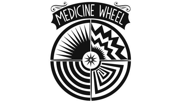 Very beautiful black-and-white engraved vector illustration featuring the MEDICINE WHEEL with balanced circular geometry and a decorative cultural label reading "MEDICINE WHEEL", isolated on white bac