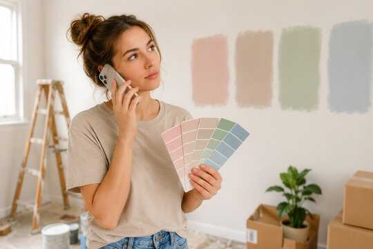 A woman stands in a room with paint samples in one hand and a phone in the other. She looks at the color swatches on the wall while holding a conversation. Boxes are scattered around.