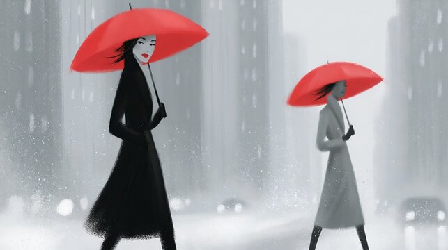 Two women with red umbrellas walking through rain-drenched city streets