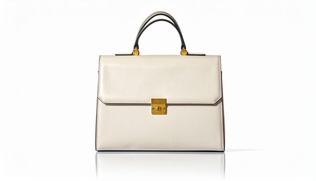 Stylish white leather handbag on white backdrop