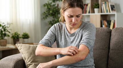 Fototapeta premium A young woman sitting on a couch, scratching her itchy arm covered in a rash.