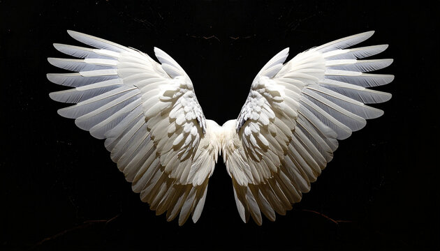 White feathered angel wings on black background