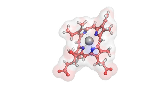 Heme, chemical cofactor for hemoglobin oxygen transport and electronic signaling, 3D molecule 4K