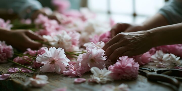 Close-up of hands arranging cherry blossoms on a wooden table