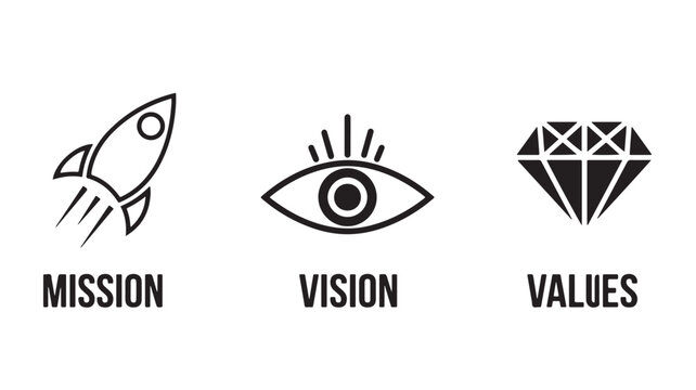 Corporate mission vision values icons set, black business strategy symbols with rocket eye and diamond