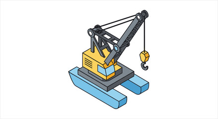 Yellow construction crane on blue pontoons illustration. © Re