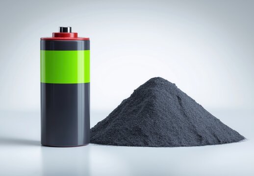 A lithium iron phosphate battery stands next to a mound of black powder on a smooth surface in a minimalist setting