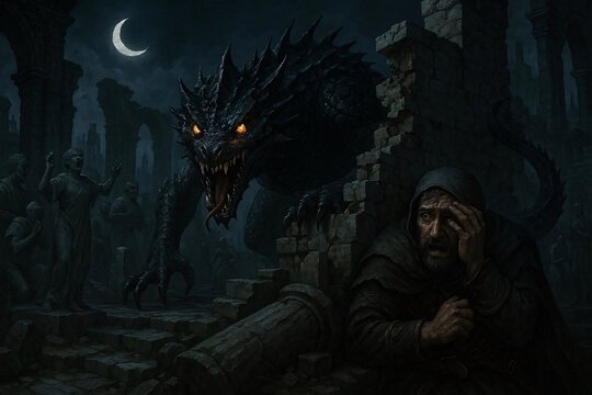 Man hiding from a giant reptilian monster in dark medieval ruins.