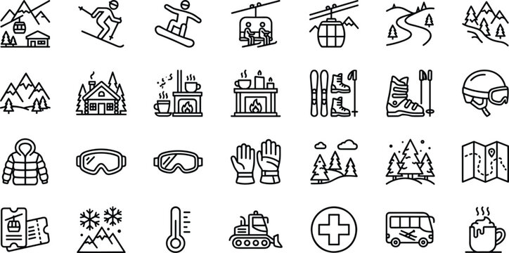 Winter ski resort and snowboarding icon set line art vector illustrations for mountain sports and travel concepts.